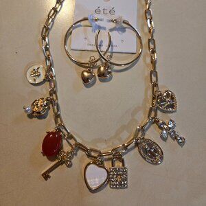 Paperclip chain  with 9 gold charms and gold hoop earrings with gold heart, NWT